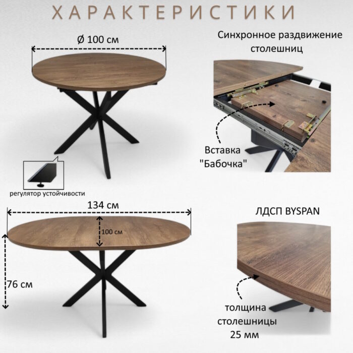 Стол обеденный RICCIO Ø100/134*h76 черный, Дуб Канзас